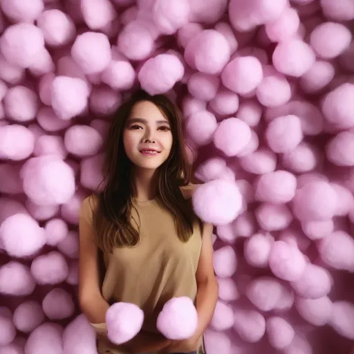 Prompt: a cute girl model surrounded by floating pink cotton balls, photorealistic, hyperdetailed, studio lighting, shot on iphone 1 3 pro,