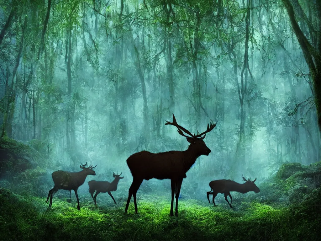 Image similar to a fantasy beautiful dense biorelevant overgrown rainforest setting, ultrawide angle, a large blue glowing bioluminescent elk herd with light illuminating from within, cinematic lighting, extremely emotional, extremely dramatic, surround it with pixie dust ether floating in the air, hdr, epic scale, cmyk, deep spectrum color