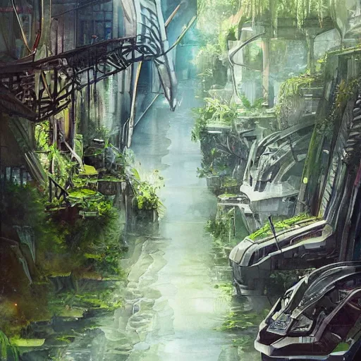 Image similar to Narrow cosy waterway in beautiful overgrown futuristic sci-fi city in harmony with nature. Nice colour scheme, soft warm colour. Beautiful detailed watercolor by Lurid. (2022)