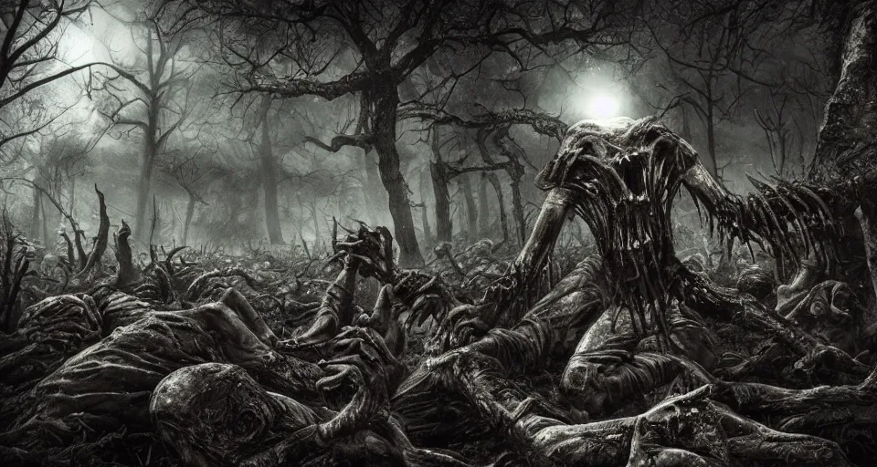 Prompt: attack zombie during worldwar 2, dark forest, ultra realist, horror, great space, smooth, sharp focus, illustration, by h. p. lovecraft and hans ruedi giger, 8 k, very high resolution, astrophotography, processing, extremely hyperdetailed