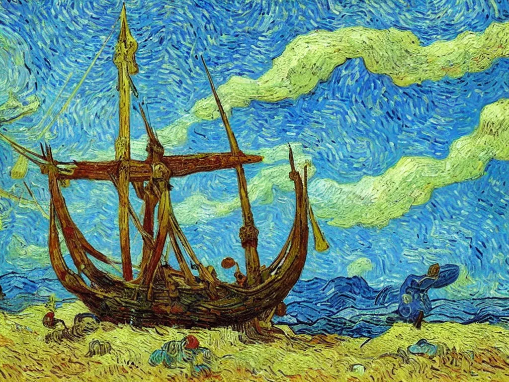 Prompt: bright beautiful oil painting of a viking longship beached on a tropical desert island, light scatter, van gogh