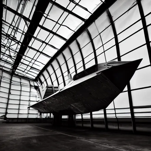 Image similar to large angular spaceship sitting in a poorly lit hanger futuristic gritty dystopian