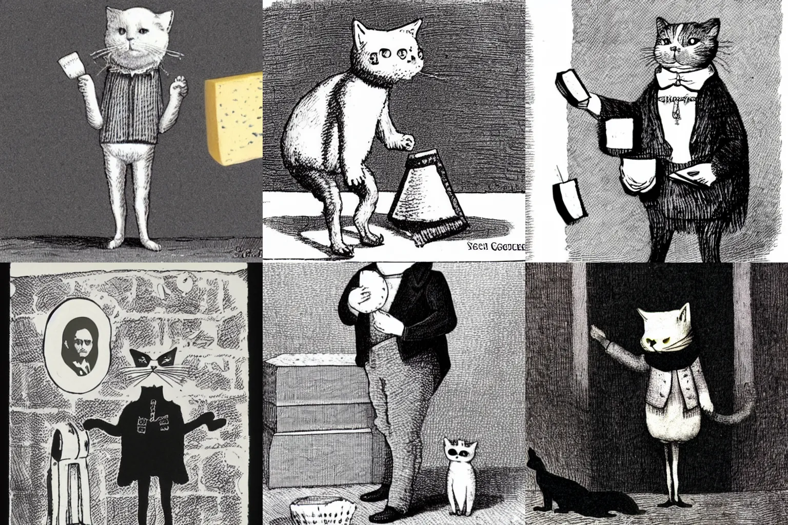 Prompt: a cat dressed as Napoleon holding cheese by Edward Gorey