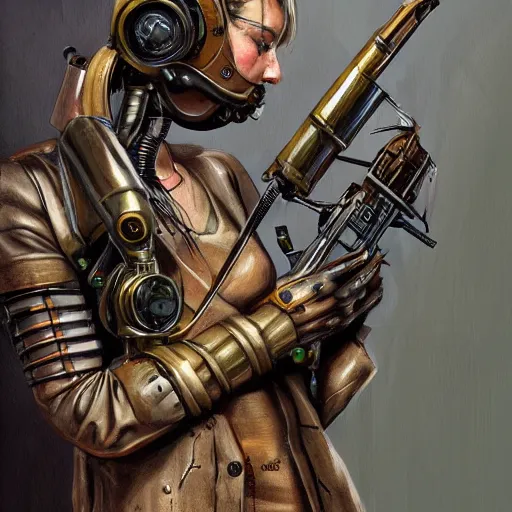 Image similar to a steam punk cyborg holding a 1 2 gauge shotgun highly detailed, digital painting, artstation, concept art, smooth, sharp focus, illustration, art by lucian freud