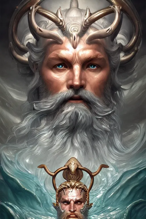 Image similar to poseidon humanoid god of the sea, trident, highly detailed, d & d, fantasy, highly detailed, digital painting, trending on artstation, concept art, sharp focus, illustration, art by artgerm and greg rutkowski and magali villeneuve