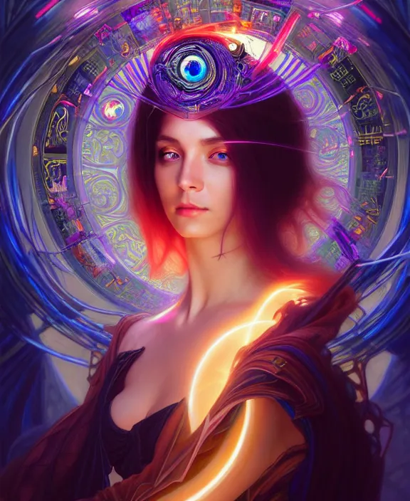 Image similar to a whirlwind of souls rushing inside the metaverse, half body, glowin eye, tiara with sapphire, pharaoh, android, cyborg, cyberpunk face, d & d, fantasy, intricate, elegant, highly detailed, colorful, vivid color, digital painting, artstation, concept art, art by artgerm and greg rutkowski and alphonse mucha and ruan jia