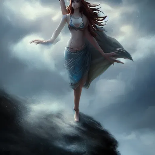 Image similar to beautiful goddess of wind aloft in a storm cloud, 8k resolution matte fantasy painting, moody cinematic lighting, DeviantArt Artstation, by Ross Tran