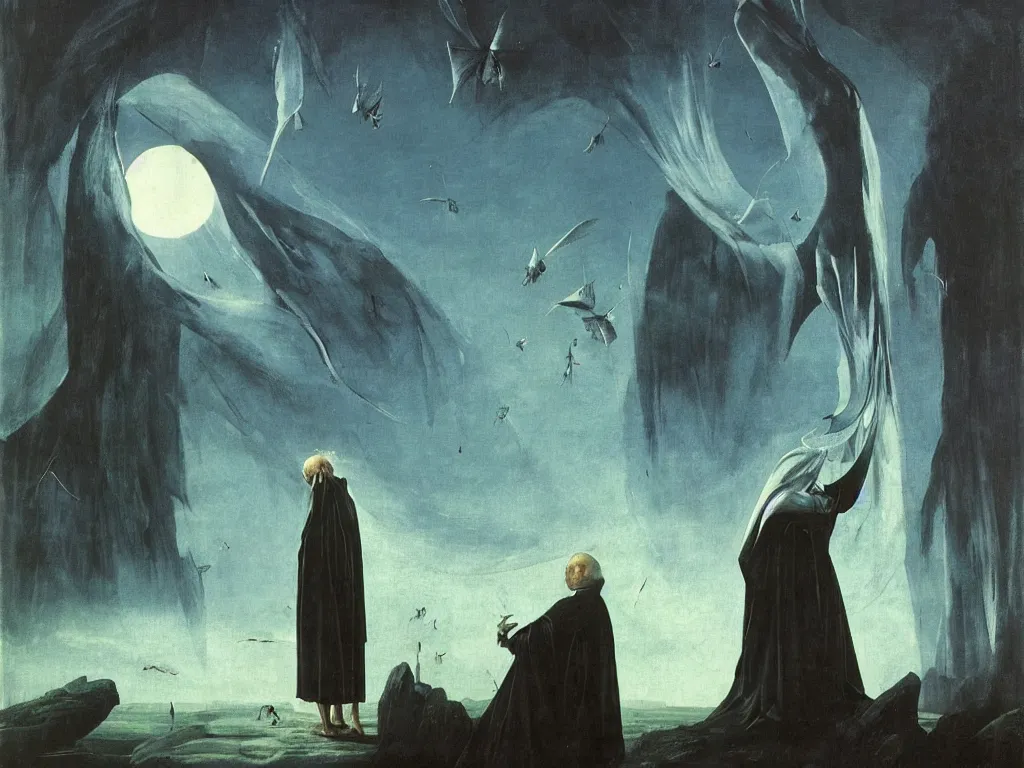 Prompt: Strange old man with white cloth on an alien planet dominated by giant moths with blue-eyed wings. Thick gothic cathedral smoke. Surreal, melancholic. Painting by Caravaggio, Caspar David Friedrich, Roger Dean