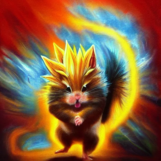 Image similar to hamster going super saiyan, oil painting