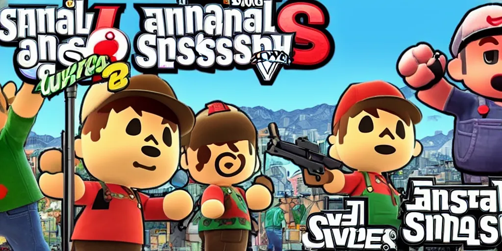 Prompt: Villager from animal crossing super smash bros as a 90s gangster in GTA V, Cover Art by Stephen Bliss, Boxart, Loading Screen. 8k Resolution