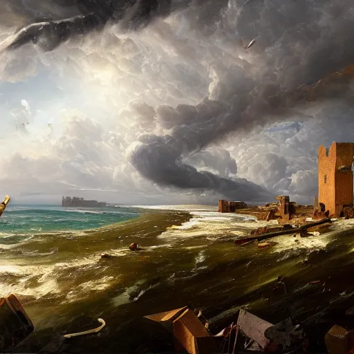 Prompt: Panorama view of a hurricane carrying ruined pieces from an ancient castle in its winds, flying island, oil painting, by Greg Rutkowski