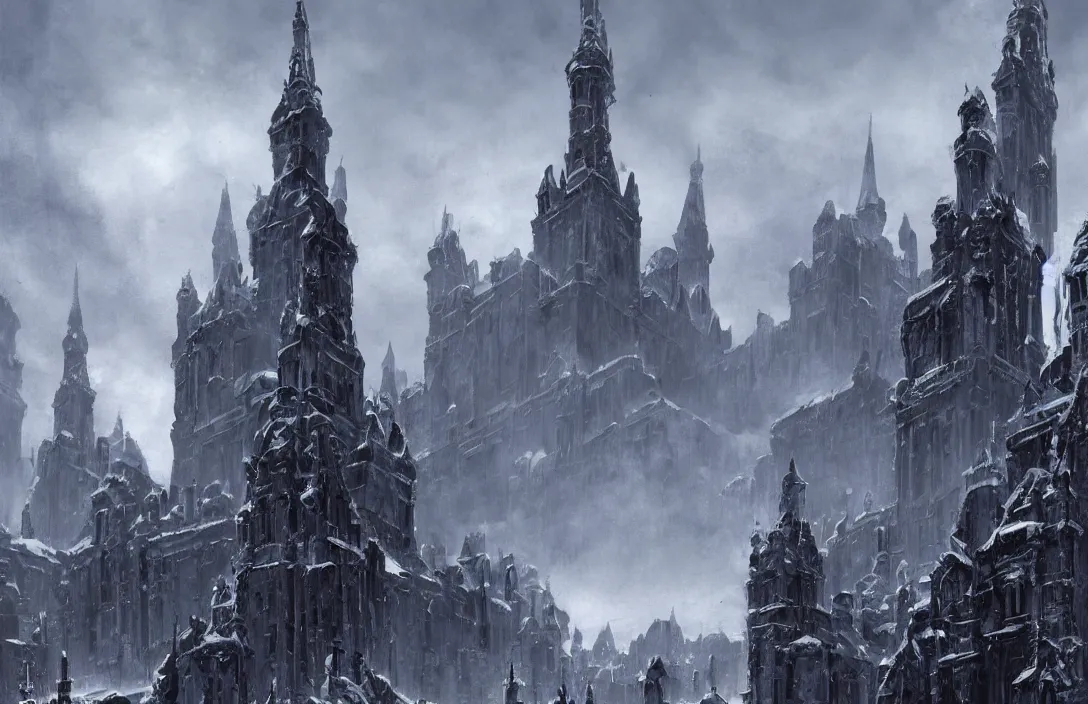 Image similar to The capital of a warhammer 40k imperial russian citadel with black domes and spires, sci fi, located in the frozen northern wastes, soviet tower blocks, neo gothic magnificence, foreboding black steel exterior, snow capped mountains, fantasy, highly detailed, digital painting, artstation, concept art, illustration, art by Bayard Wu and Marc Simonetti and Diego Gisbert Llorens