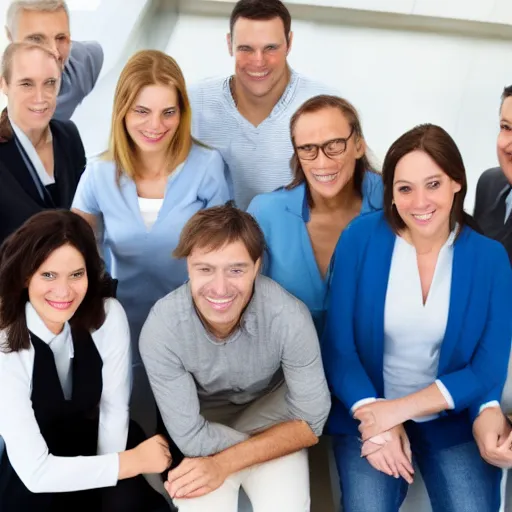 Prompt: a stock photograph of a group of smiling adults in a business setting wearing casual clothing