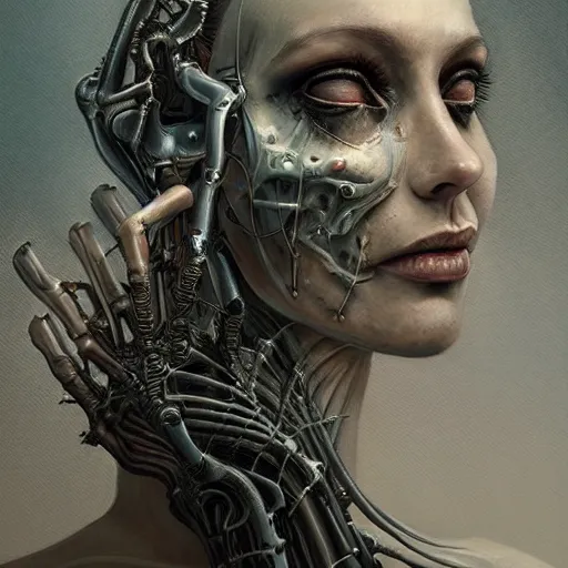 Image similar to surreal portrait of a woman by Greg Rutkowski and H.R Giger, a woman with a kind of visor, transformed into a kind of biomechanical transhuman goddess, disturbing, terrifying but fascinating, cosmic void background, frightening, fascinating, highly detailed portrait, digital painting, book cover, artstation, concept art, smooth, sharp foccus ilustration, Artstation HQ.