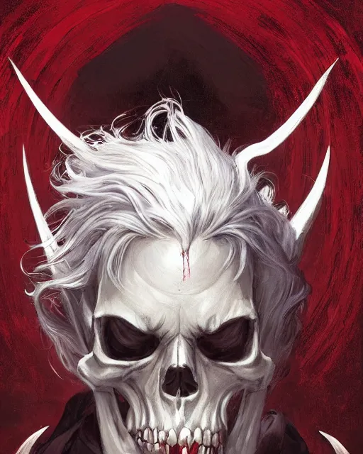 Prompt: '' Portrait of a blood warlock holding a skull, white hair, bone wings, dark cape, dark eyes, dark red background, high detail, 4k , digital painting, artstation, concept art, sharp focus, illustration, art by greg rutkowski and alphonse mucha ''