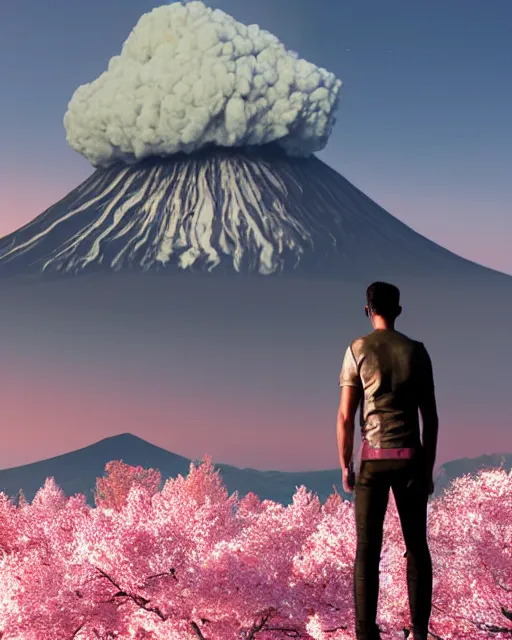 Image similar to A warrior standing near a cherry blossom tree, he is looking at a volcanic mountain that is erupting, 3d render, digital art