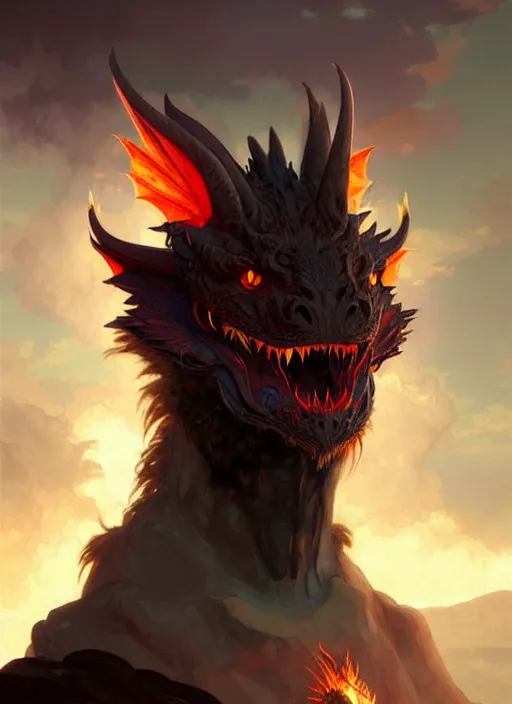 Prompt: Face portrait furry dragon, Volcano landscape, fantasy magic, dark light night, sharp focus, digital painting, concept art, d&d, art by WLOP and Artgerm and Greg Rutkowski and Alphonse Mucha