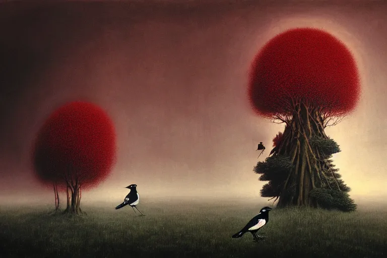 Prompt: a magpie family hosting their magpie relatives on top of a pine tree, in the style of rafał olbinski, in the style of beksinski, intricate and epic composition, red by caravaggio, insanely quality, highly detailed, masterpiece, purple light, artstation, 4 k