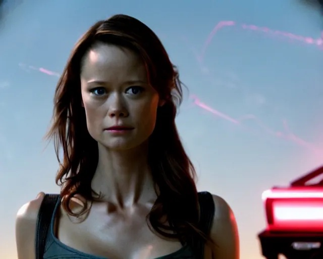 Image similar to summer glau as synthwave terminator, action movie still, 4k, cdx