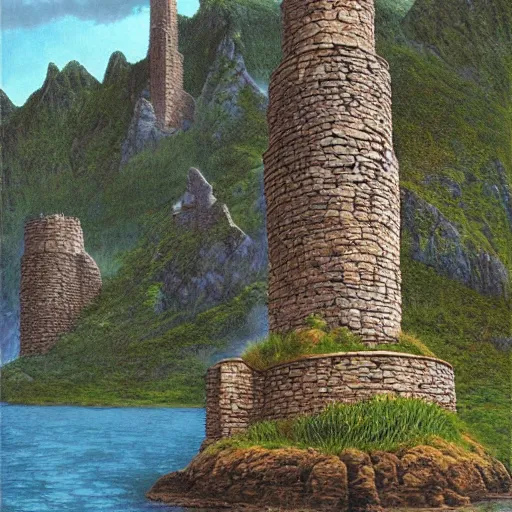 Image similar to three stone towers on a small island on a lake. misty. mountains in the background. painting by Ted Nasmith and Larry Elmore.