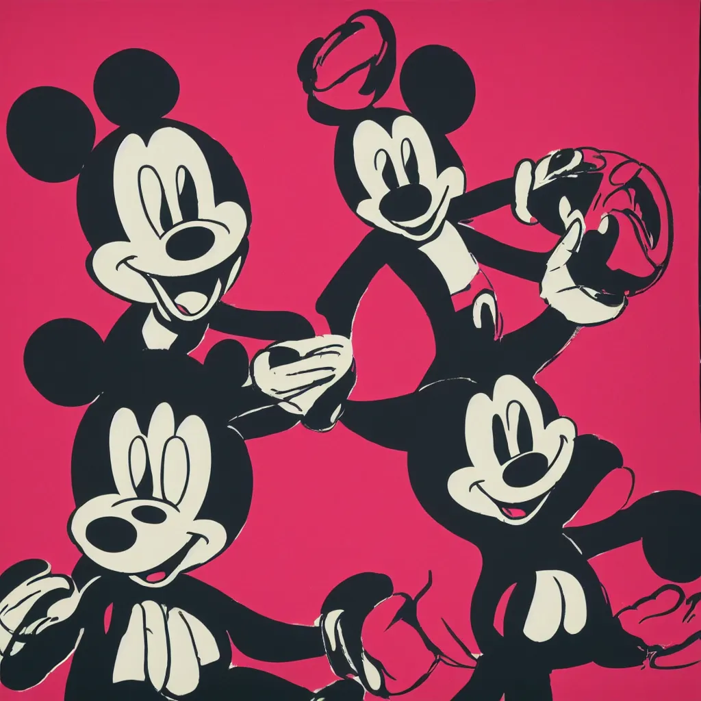 Prompt: individual silk screen portrait of mickey mouse by andy warhol