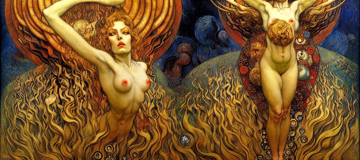 Image similar to Divine Chaos Engine by Karol Bak, Jean Delville, William Blake, Gustav Klimt, and Vincent Van Gogh, symbolist, visionary