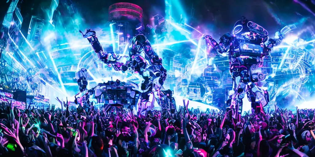 Prompt: the year of 2 0 4 9, the coolest + future + end of the world + edm show, 1 0 0 0 0 peoples watch the dj lives, huge digital robot on the middle of the stage, dance music show, maximum detailed, 2 4 mm fob lens, wide angle,