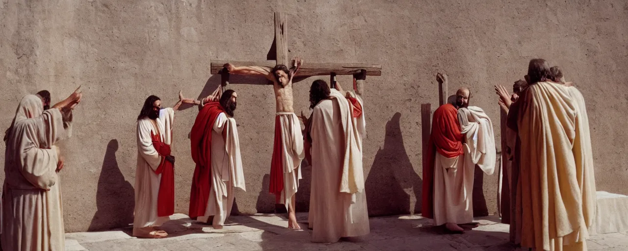 Prompt: jesus being taken to the cross wearing a spaghetti robe, ancient rome, architectural, minimal, canon 5 0 mm, wes anderson film, kodachrome, retro