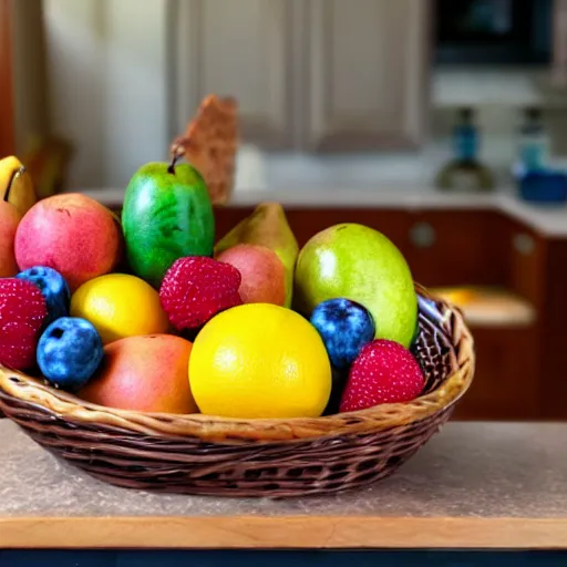 Prompt: a fruit basket on top of a kitchen table, felt pieces