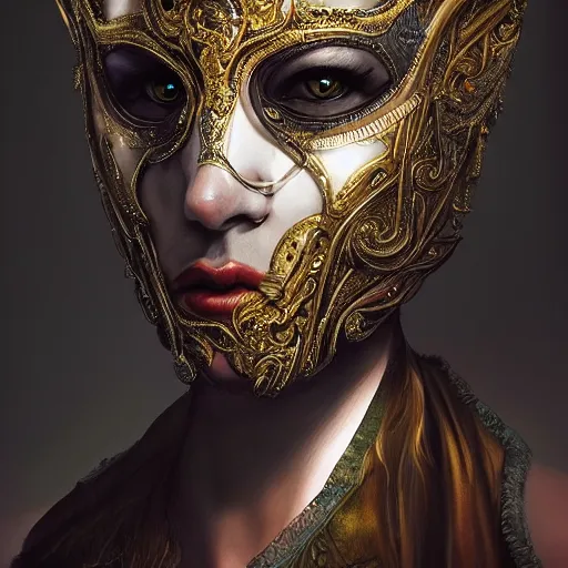Image similar to Very very very very highly detailed epic photo of face with venetian mask, intricate, dystopian, sci-fi, extremely detailed, digital painting, artstation, concept art, smooth, sharp focus, illustration, intimidating lighting, incredible art by Artgerm