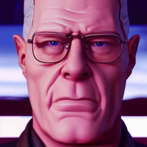 Image similar to Portrait of Hank Hill in Breaking Bad, splash art, movie still, cinematic lighting, dramatic, octane render, long lens, shallow depth of field, bokeh, anamorphic lens flare, 8k, hyper detailed, 35mm film grain