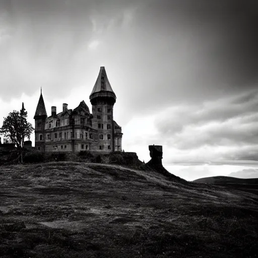 Image similar to Eerie Gothic castle on a hill above above a foreboding boggy landscape