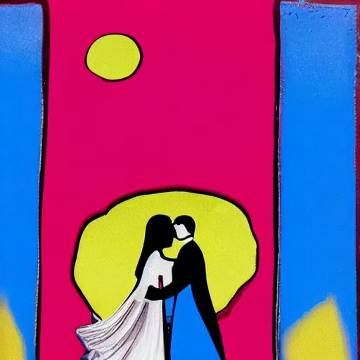 Image similar to the metaphysical holy marriage glue, couple kissing with bright blue glue