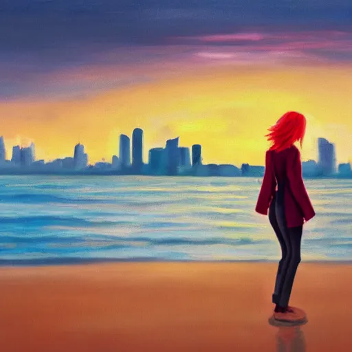 Image similar to lonely young woman with red hair, magenta coat, and light blue pants ; wandering a beach at sunset with a city skyline on the horizon, oil painting, warm lighting, swimming pool in foreground