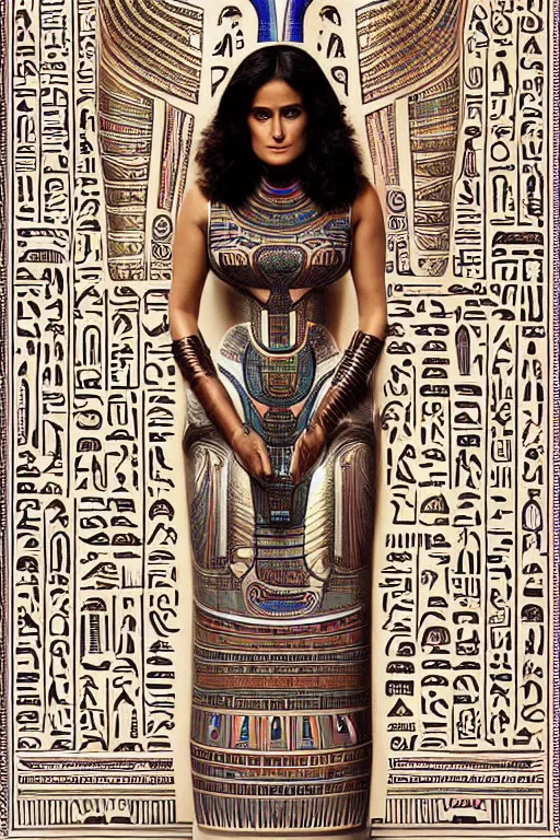 Image similar to Portrait of Salma Hayek as a tomb robot, intricate art deco leaf designs, elegant, highly detailed Egyptian patterns, hieroglyph, sharp focus, art by Artgerm and beeple