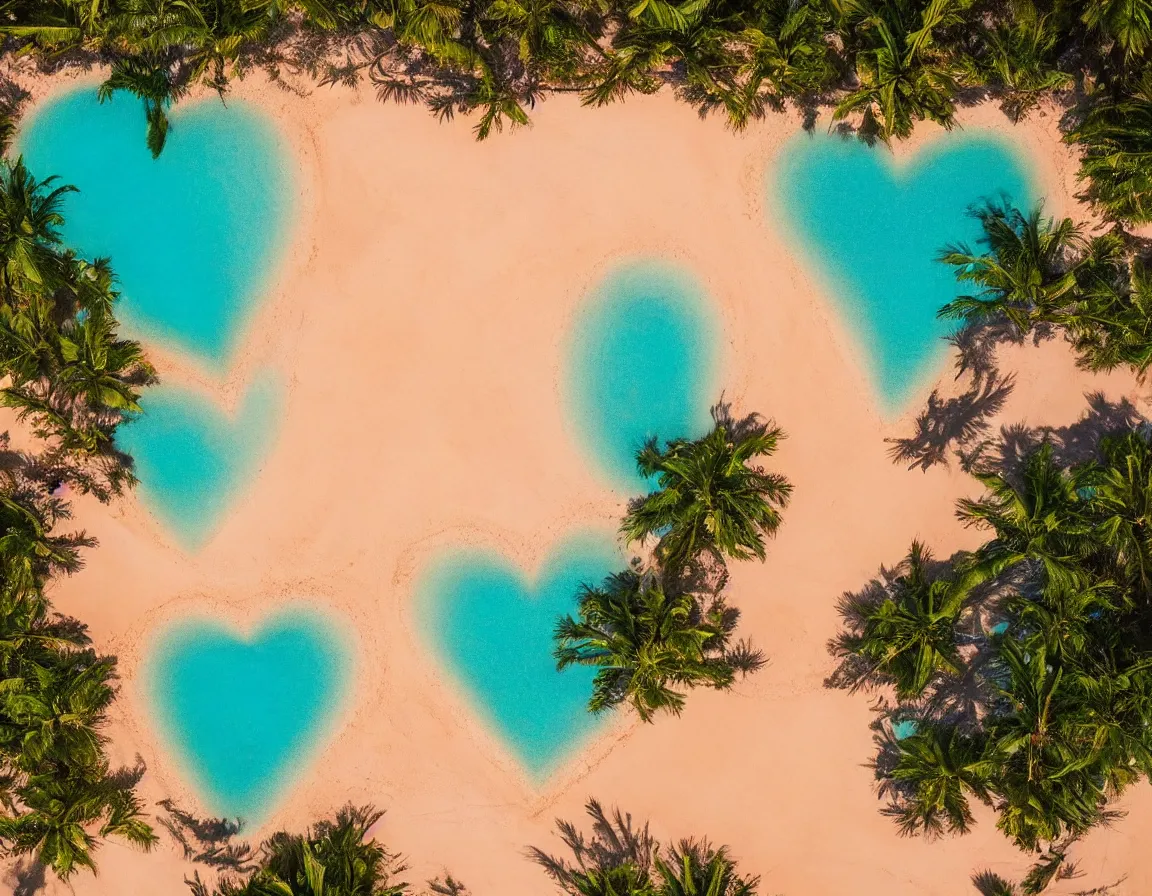 Prompt: photo of ultra realistic heart / shaped sandy beach fantasy island flying in the air with one exotic palm tree, sunset lighting