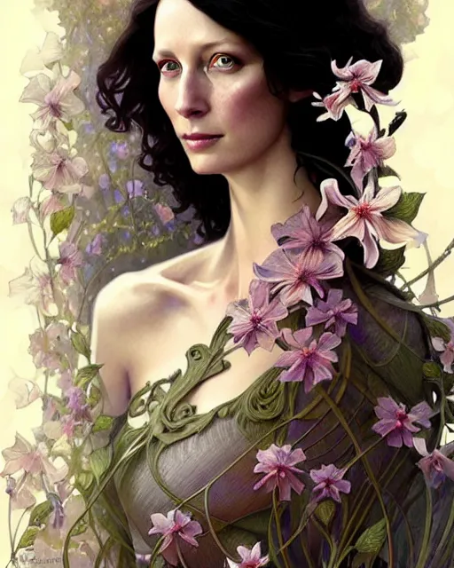 Image similar to beautiful and playful ethereal caitriona balfe portrait, art nouveau, fantasy, intricate flower designs, elegant, highly detailed, sharp focus, art by artgerm and greg rutkowski and wlop