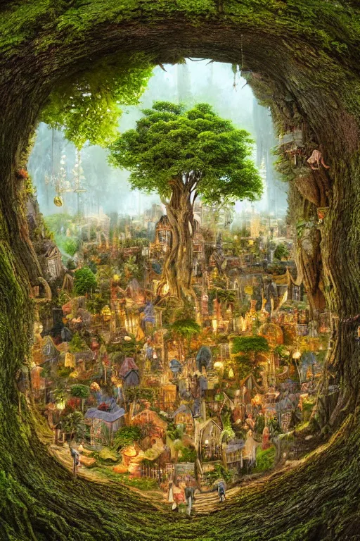 Image similar to a miniature city built into the trunk of a single colossal tree in the forest, with tiny people, in the style of james c christensen, lit windows, close - up, low angle, wide angle, awe - inspiring, highly detailed digital art