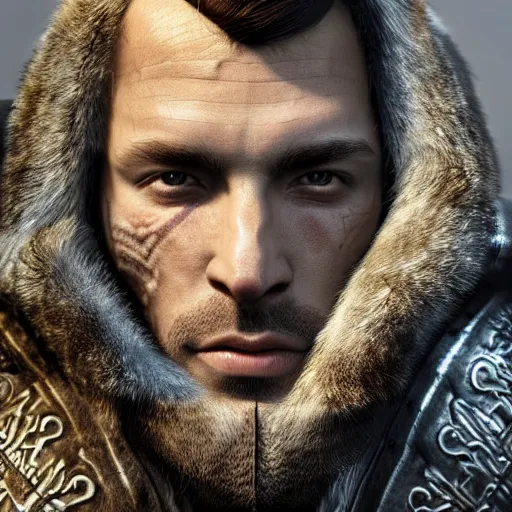 Image similar to hyperrealistic mixed media image of jarl from skyrim, stunning 3 d render inspired art by greg rutkowski and xiang duan and thomas eakes, perfect facial symmetry, flesh texture, realistic, highly detailed attributes and atmosphere, dim volumetric cinematic lighting, 8 k octane detailed render, post - processing, masterpiece,