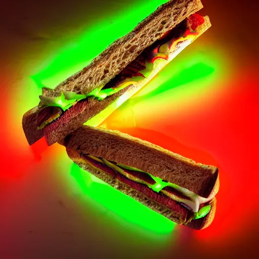 Image similar to an extremely high quality photo of a surreal radioactive surreal neon_lightsaber_sandwich, a hybrid lightsaber-sandwich filled with lightsaber_neons and sandwichlightsaberneontubes, neontubesauce drizzled, drooping lightsaber_lettuce, glowing_sandwich filled with lights, promotional photo, 4k food photography