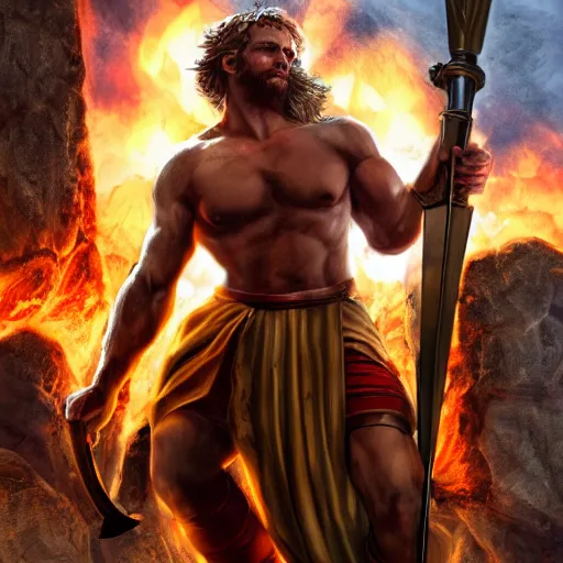 Image similar to Full metal greek god of smithing holding the hammer of creation setting the city of the gods on fire, cinematic lighting, high quality 8k hd, oil on canvas, hyperralistic art