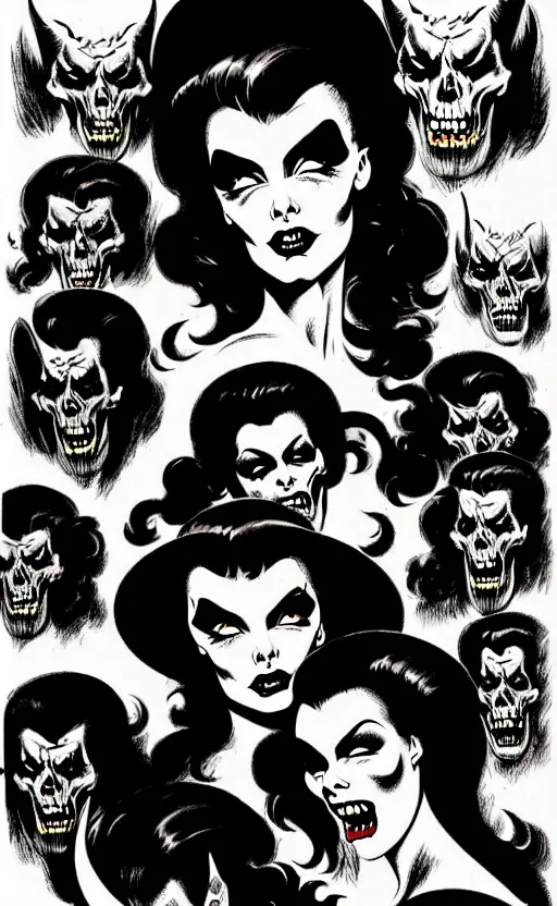 Image similar to witches sabbath, detailed faces, psychobilly, rockabilly, punk, white background, vector art, illustration by frank frazetta