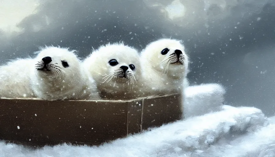 Image similar to highly detailed painting of cute furry white baby seals cuddled up in a cardboard box in a snowy cloudy sky castle by william turner, by greg rutkowski, by william constable, by greg tocchini, thick brush strokes and visible paint layers, 4 k resolution, retrowave colour scheme