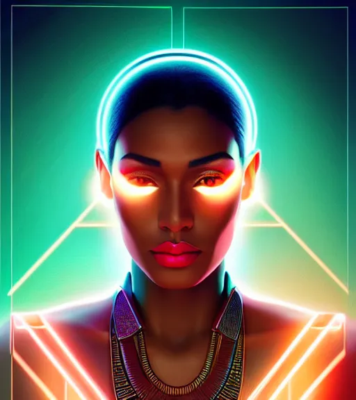 Image similar to symmetry!! egyptian queen of technology, solid cube of light, hard edges, product render retro - futuristic poster scifi, lasers and neon circuits, brown skin beautiful egyptian, queen, intricate, elegant, highly detailed, digital painting, artstation, concept art, smooth, sharp focus, illustration, dreamlike, art by artgerm