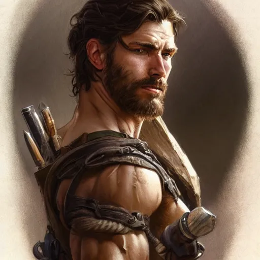 Image similar to portrait of a rugged ranger, muscular, upper body, blood, D&D, fantasy, intricate, elegant, highly detailed, digital painting, artstation, concept art, smooth, sharp focus, illustration, art by artgerm and greg rutkowski and alphonse mucha