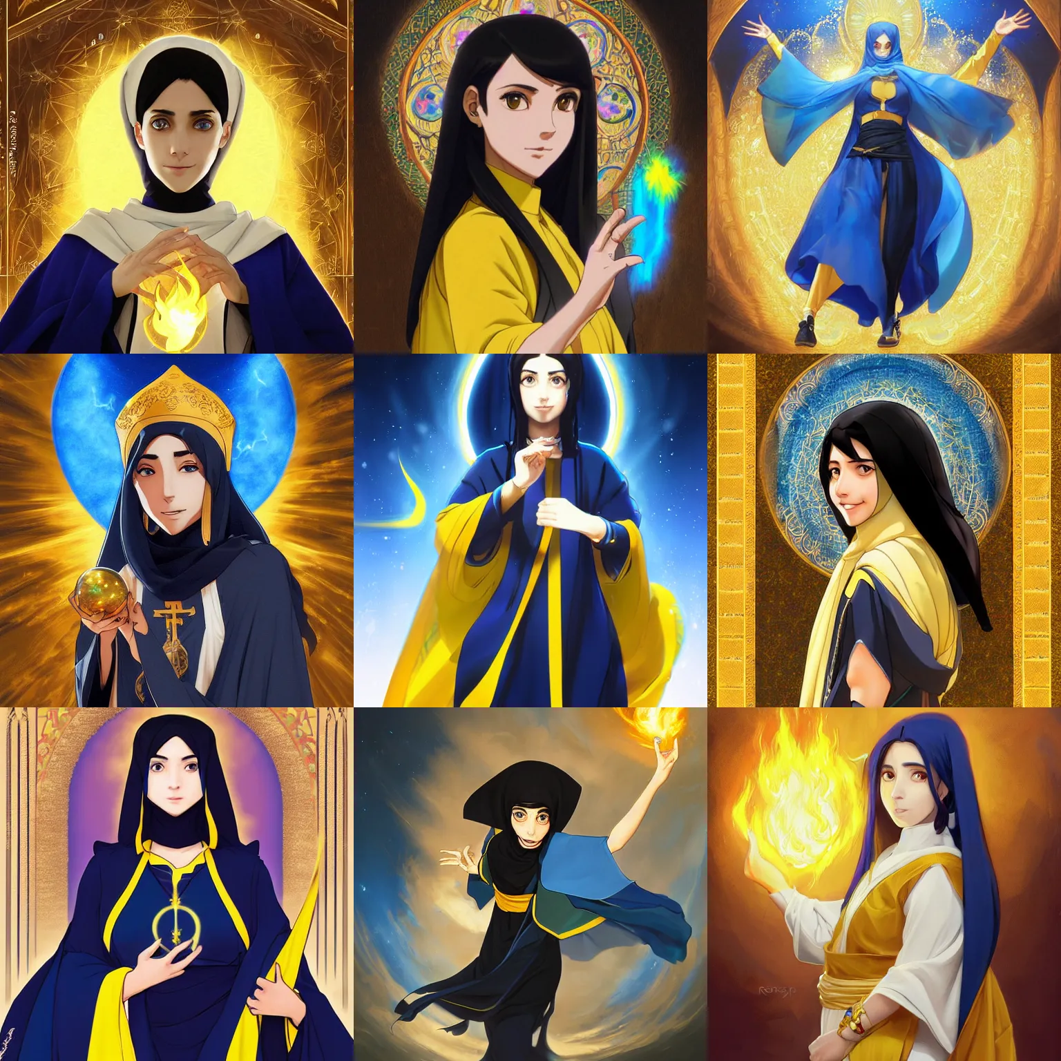 Prompt: portrait of a middle - eastern female cleric with straight black hair wearing blue and yellow vestments throwing a fireball, half body, single subject, ambient lighting, highly detailed, digital painting, trending on pixiv fanbox, studio ghibli, extremely high quality artwork, art by ross tran and artgerm and makoto shinkai and alphonse mucha