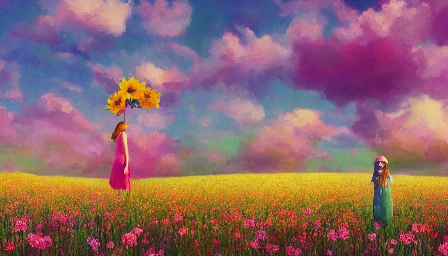 Image similar to girl with a large flower instead of face, surreal photography, dream, standing in flower field, hills, big trees, sunrise dramatic light, impressionist painting, colorful clouds, digital painting, pointillism, artstation, simon stalenhag, flower face