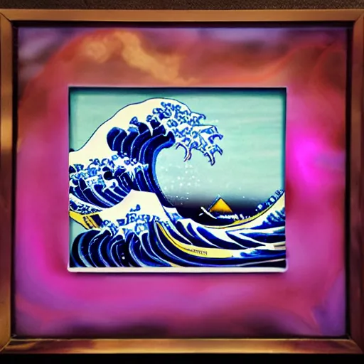 Prompt: carved diorama of The Great Wave off Kanagawa with pink lava and fire, carved out of transparent marble with celadon glaze:: Diorama:: Symmetrical, Isometric camera, wide angle:: Translucent, Iridescent, Ray Tracing Reflections, Harris Shutter, SFX, insanely detailed and intricate, hypermaximalist, elegant, ornate, ultra-realistic, HD Octane Render, 3d, masterpiece