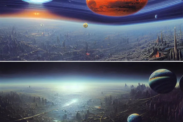 Prompt: a beautiful stunning insanely detailed complex matte painting of an orbital space city in orbit around earth by Heironymous Bosch and Jim Burns, a beautiful stunning insanely detailed complex matte painting of a magical mythical city at the edge of world by Heironymous Bosch and Jim Burns, by Noah Bradley