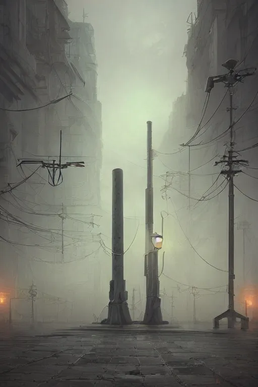 Image similar to a highly detailed matte painting of a soviet steampunk pylons in fog at night by studio ghibli, makoto shinkai, by artgerm, by wlop, by greg rutkowski, volumetric lighting, octane render, 4 k resolution, trending on artstation, masterpiece